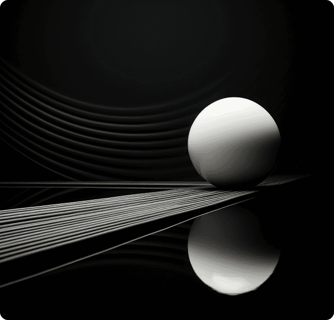 Abstract white sphere moving across reflective black lines