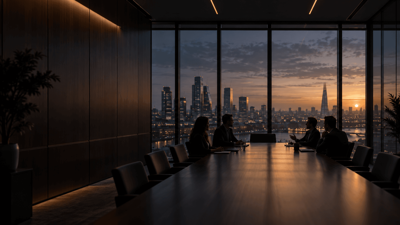 People meeting in a boardroom overlooking a city at sunset