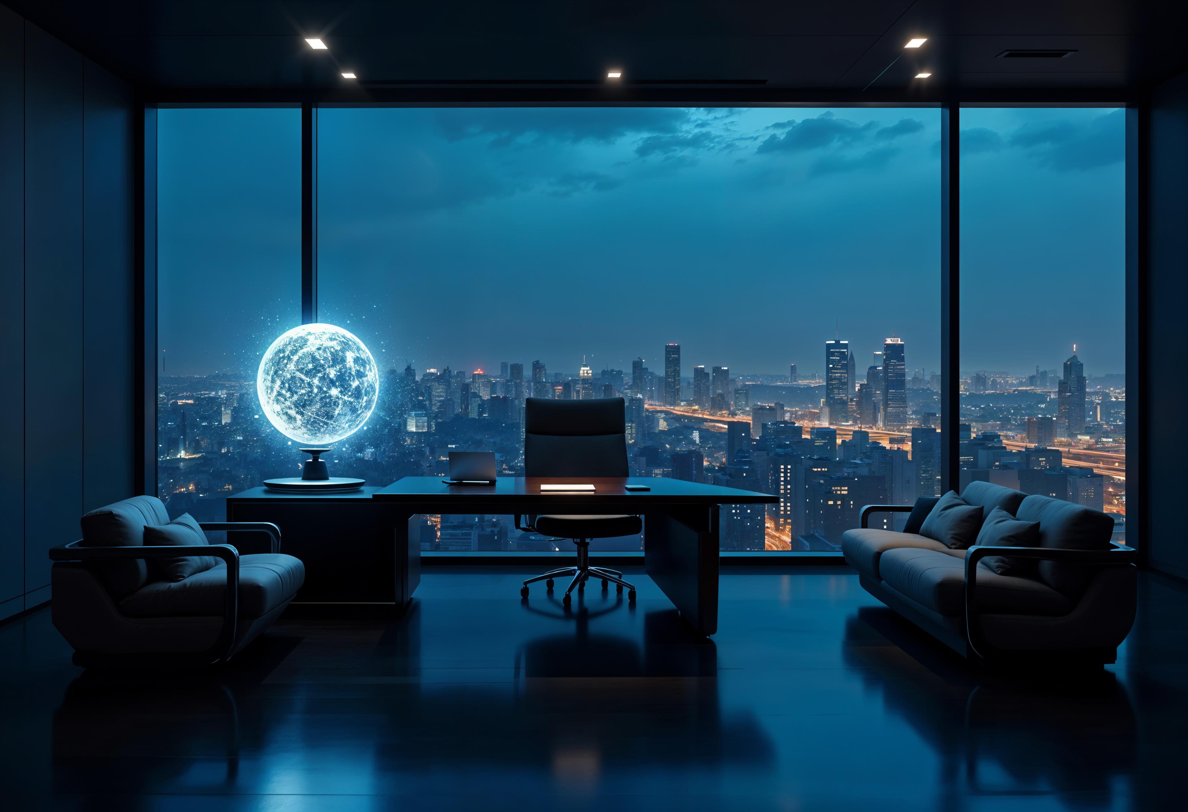 Modern office overlooking a city skyline